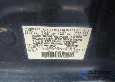 2012 Nissan Versa 1.6 Sv z USA, uszkodzony, nr VIN 3N1CN7AP8CL937904